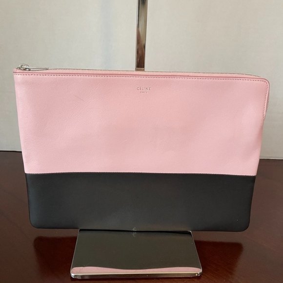 Celine Zip Top Bicolor Solo Pouch Clutch Handbag Black/Pink Leather (177769) - Picture 1 of 6
